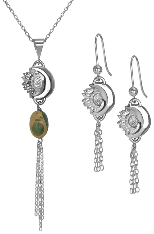 Devarati Angela Sammon - Equinox Sunflower and Moon Necklace and Earrigns with Chain Dangles